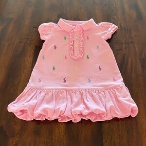 Ralph Lauren Pique Pink Balloon Baby Dress with Embroidered Accents